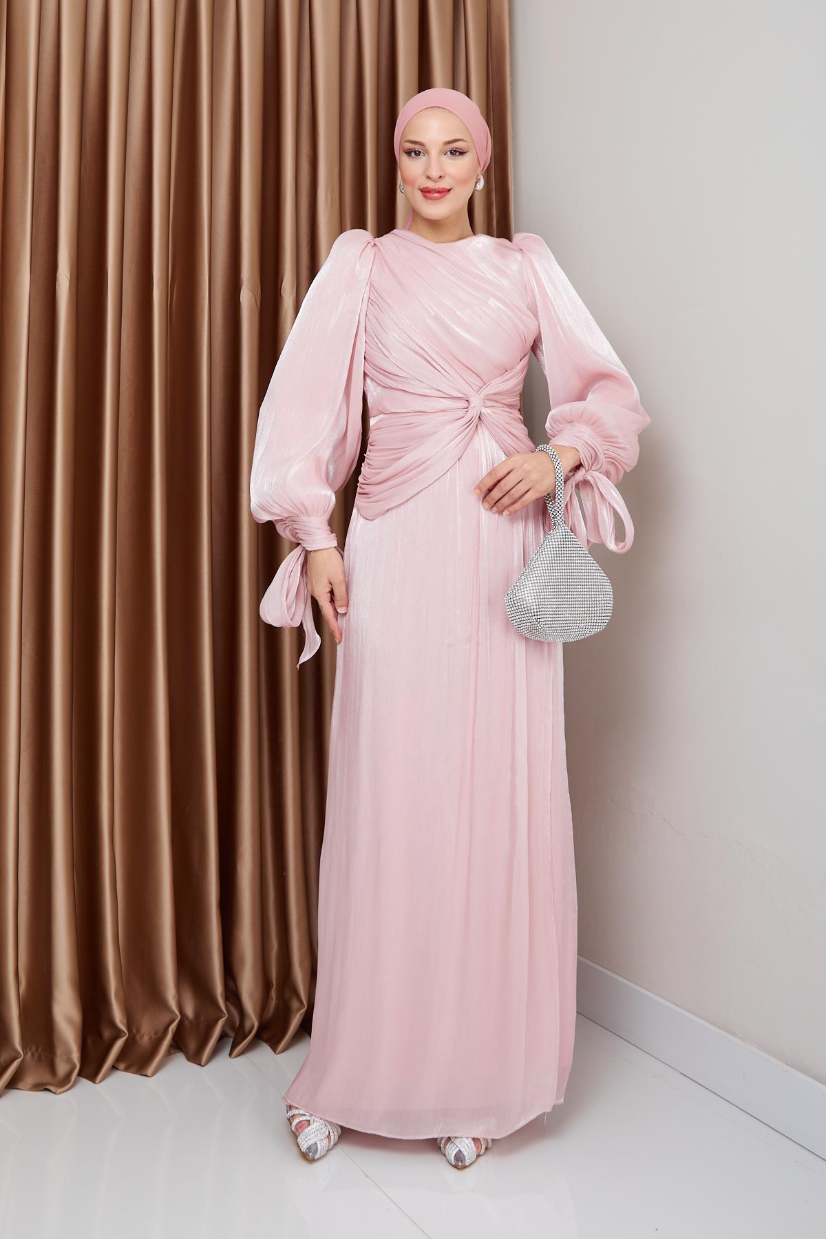 Yoryo Silk Hijab Evening Dress with Ruffle and Bow Detailed Armhole Tie POWDER 1224