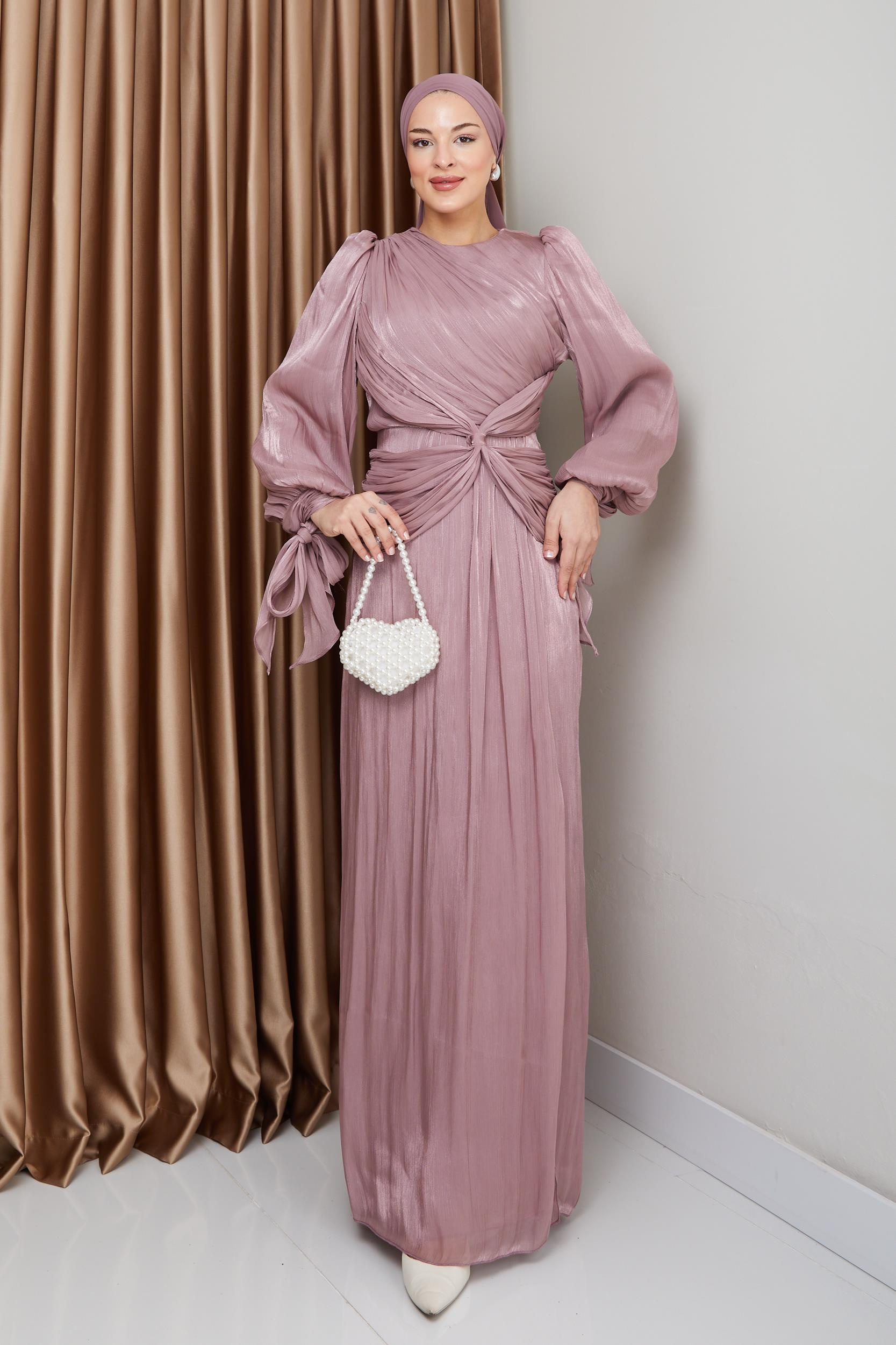Yoryo Silk Hijab Evening Dress with Ruffle and Bow Detailed Armhole Tie ROSE 1224