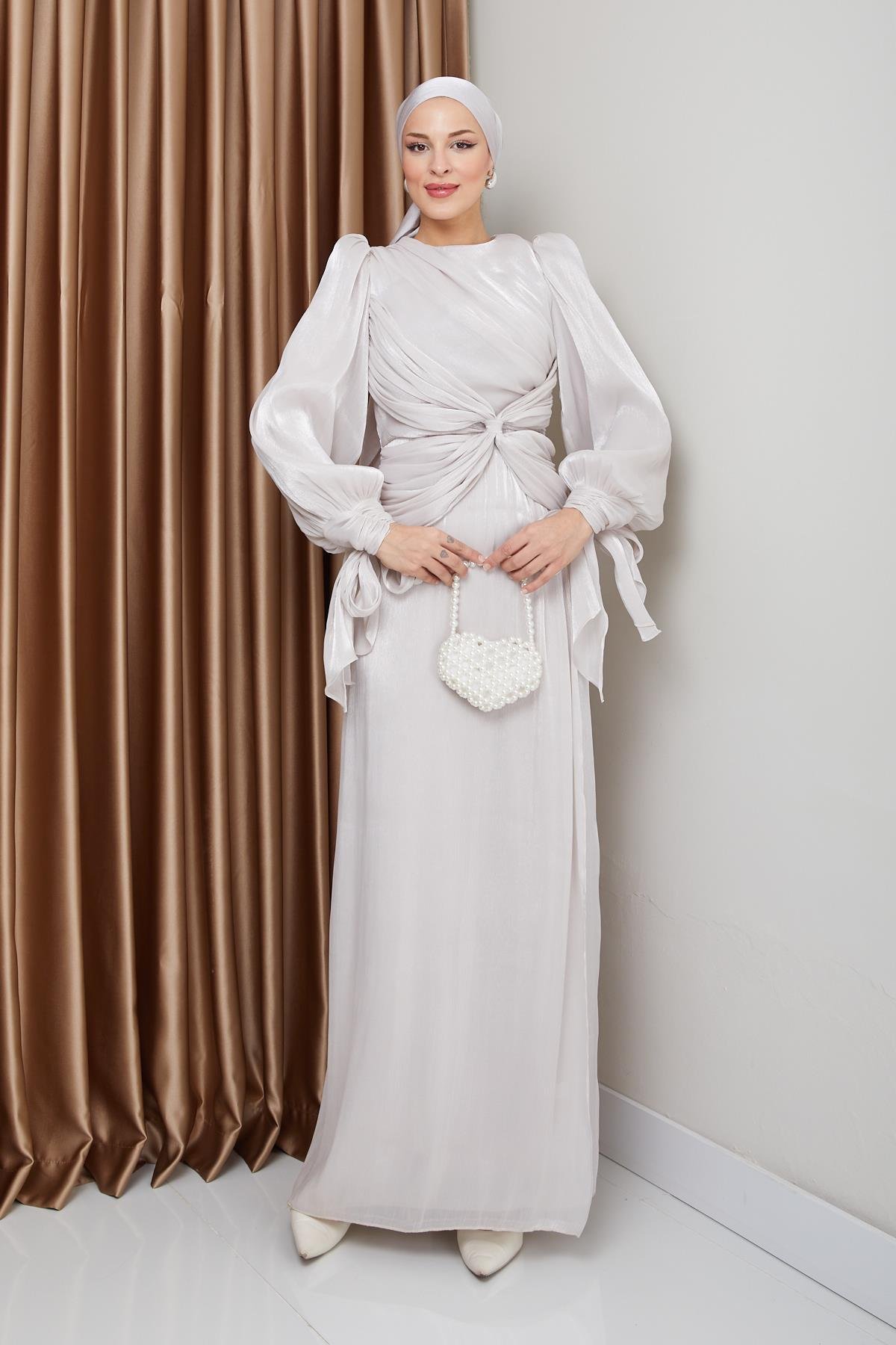 Yoryo Silk Hijab Evening Dress with Ruffle and Bow Detailed Armhole Tie STONE 1224