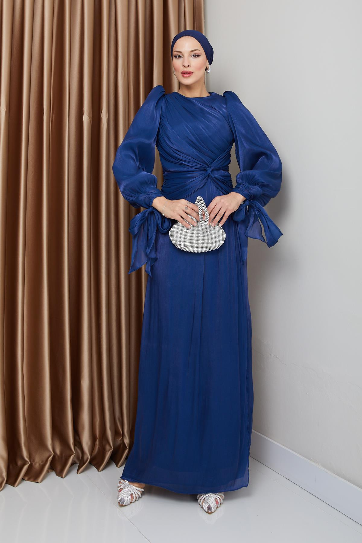 Yoryo Silk Hijab Evening Dress with Ruffle and Bow Detailed Armhole Tie K. INDIGO 1224