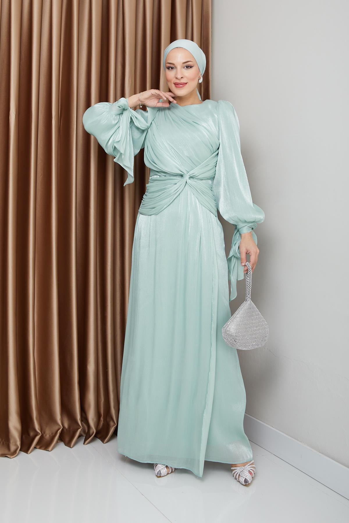 Yoryo Silk Hijab Evening Dress with Ruffle and Bow Detailed Armhole Tie AS 1224