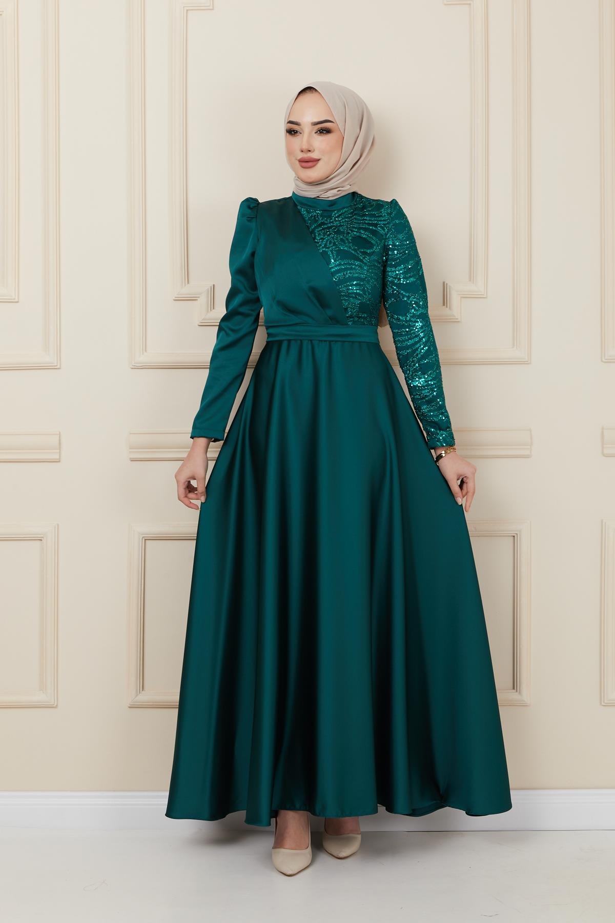 Satin Evening Dress with Flounce and Sequin Details GREEN 1626