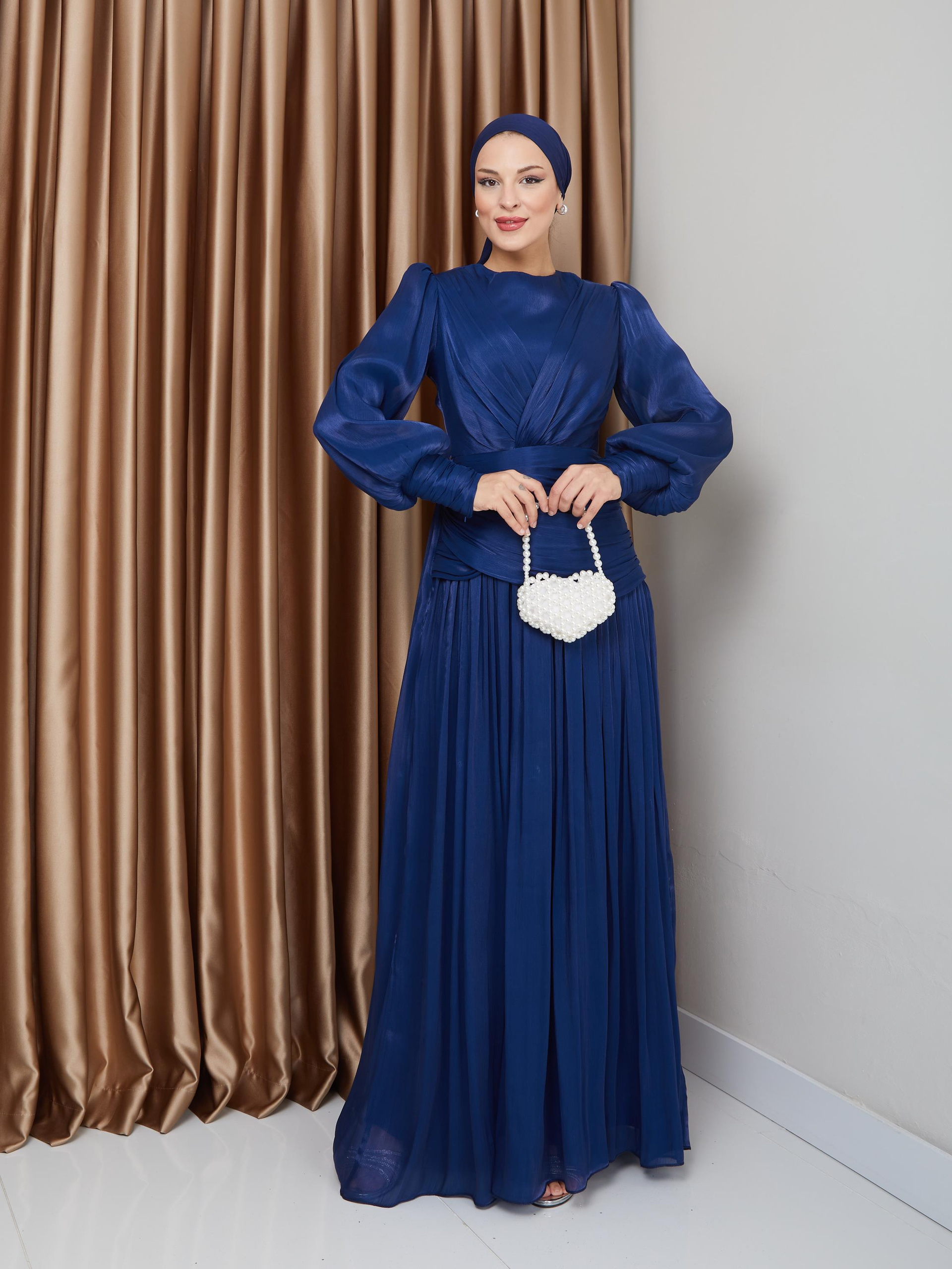 Crystal Chiffon Hijab Evening Dress with Flounce and Pleat Details K. INDIGO 1230