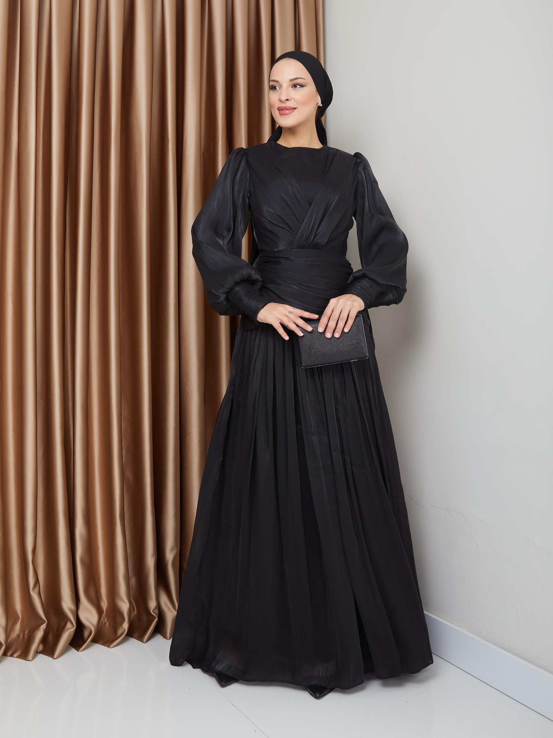 Crystal Chiffon Hijab Evening Dress with Flounce and Pleat Details BLACK 1230