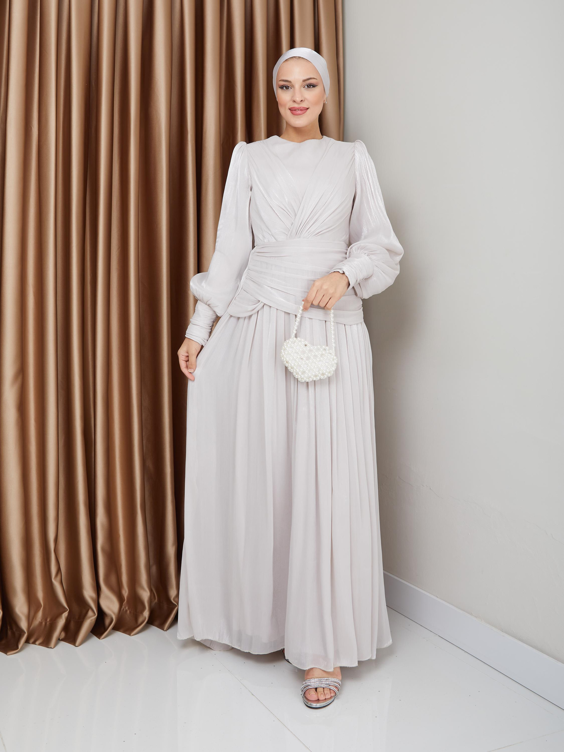 Crystal Chiffon Hijab Evening Dress with Flounce and Pleat Details STONE 1230