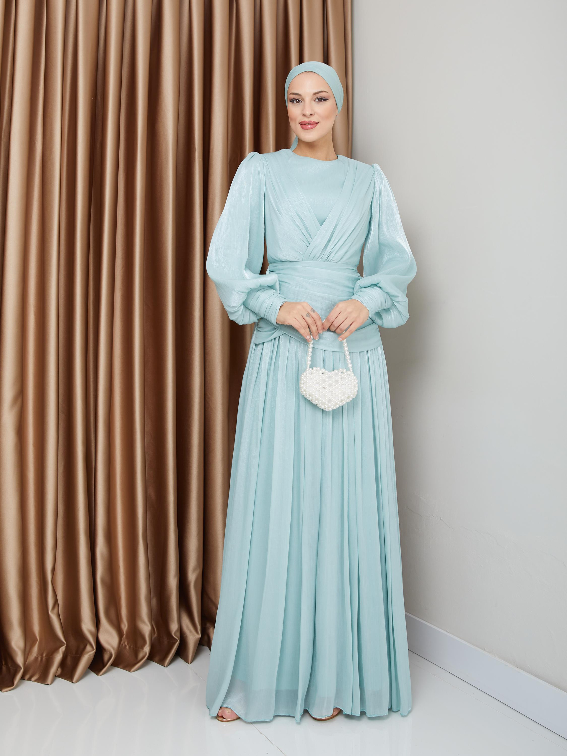 Crystal Chiffon Hijab Evening Dress with Flounce and Pleat Details AS 1230