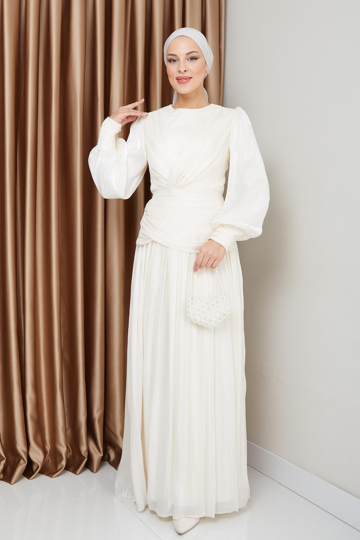 Crystal Chiffon Hijab Evening Dress with Flounce and Pleat Details IVORY 1230