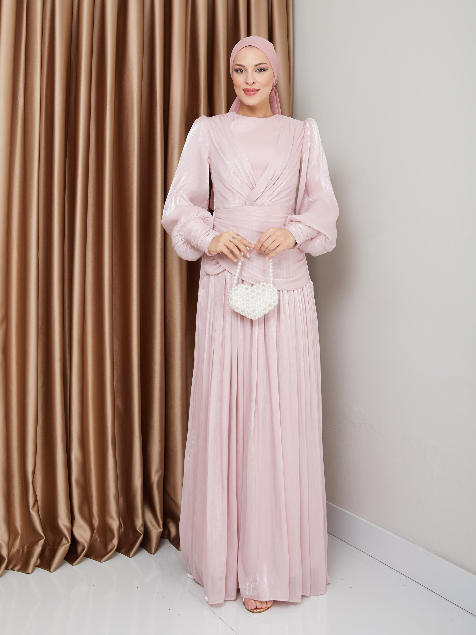 فستان سهرة شيفون كريستالي للحجاب مع تفاصيل الكشكشة والكسرات مسحوق 1230