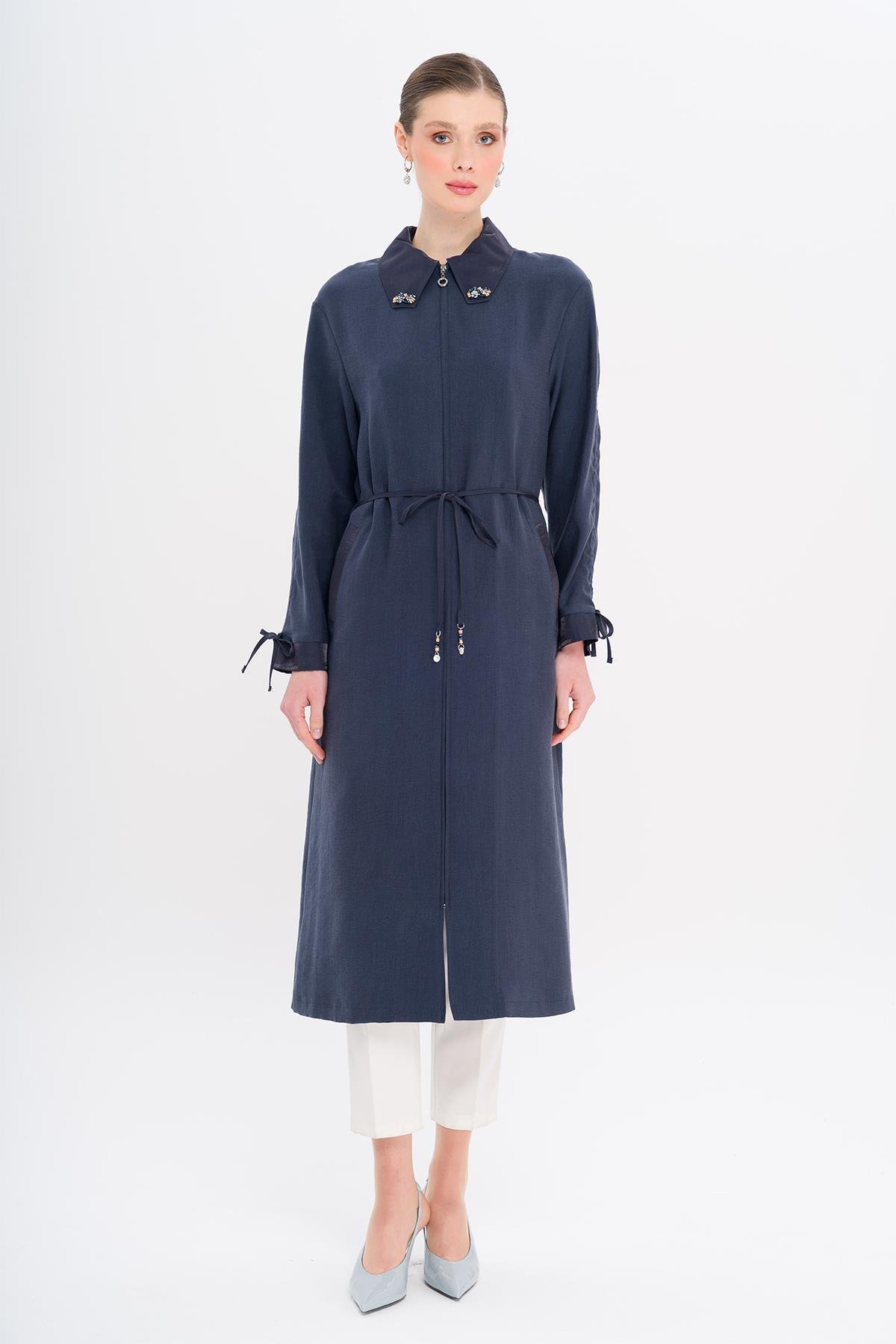 Unlined Modal Cape with Beaded Collar and Gathered Sleeve Detail NAVY 6751