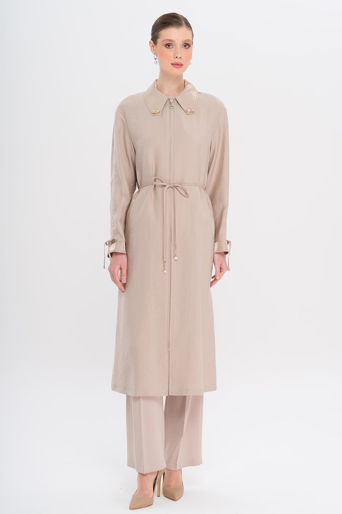 Unlined Modal Cape with Beaded Collar and Gathered Sleeve Detail STONE 6751