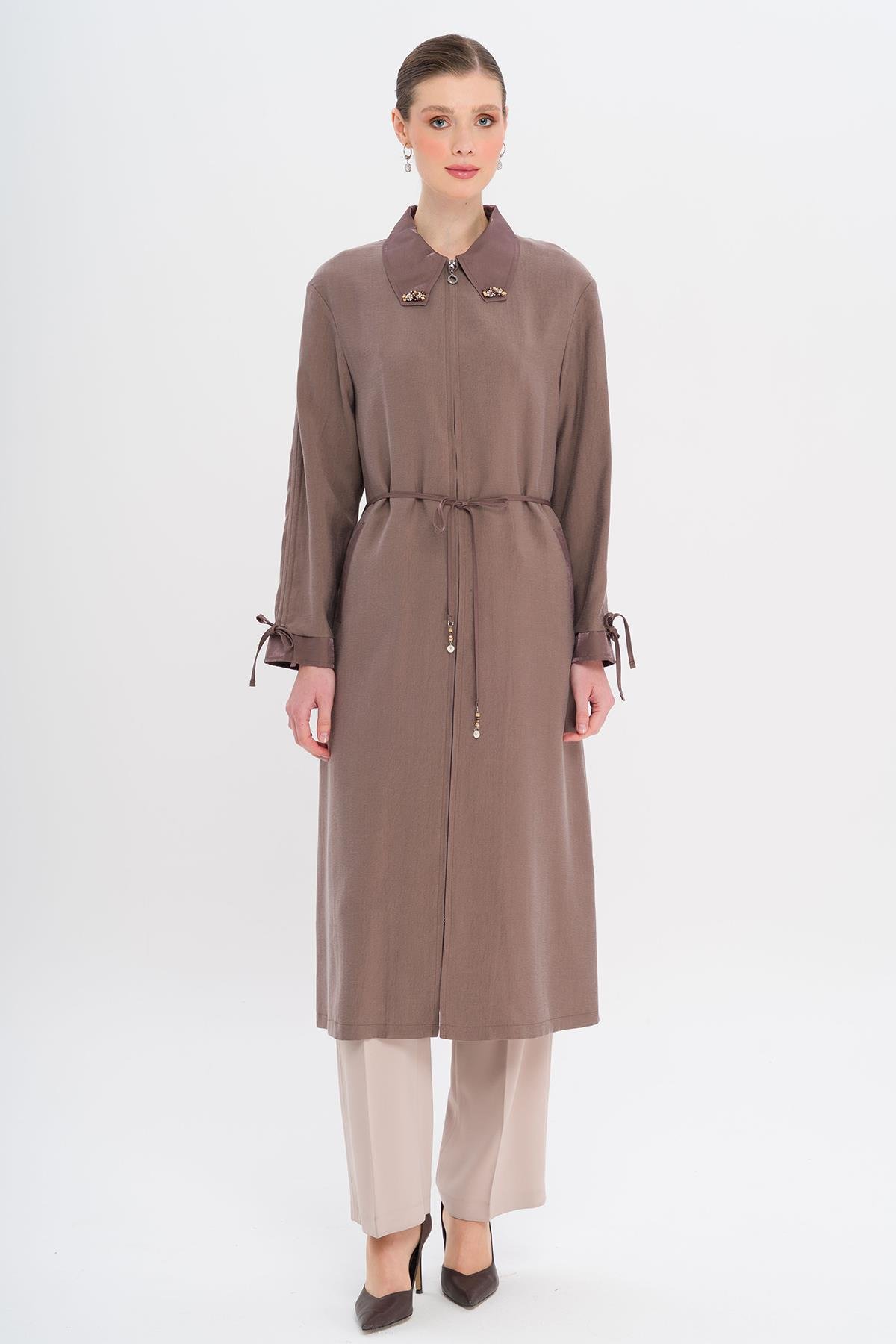 Unlined Modal Cape with Beaded Collar and Gathered Sleeve Detail COFFEE 6751