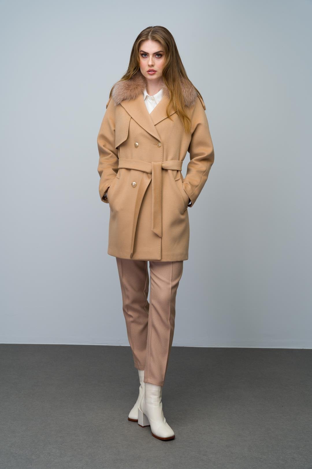 Cashmere Coat with Detachable Fur Epaulette and Cape Detail BISCUIT 3007-TK