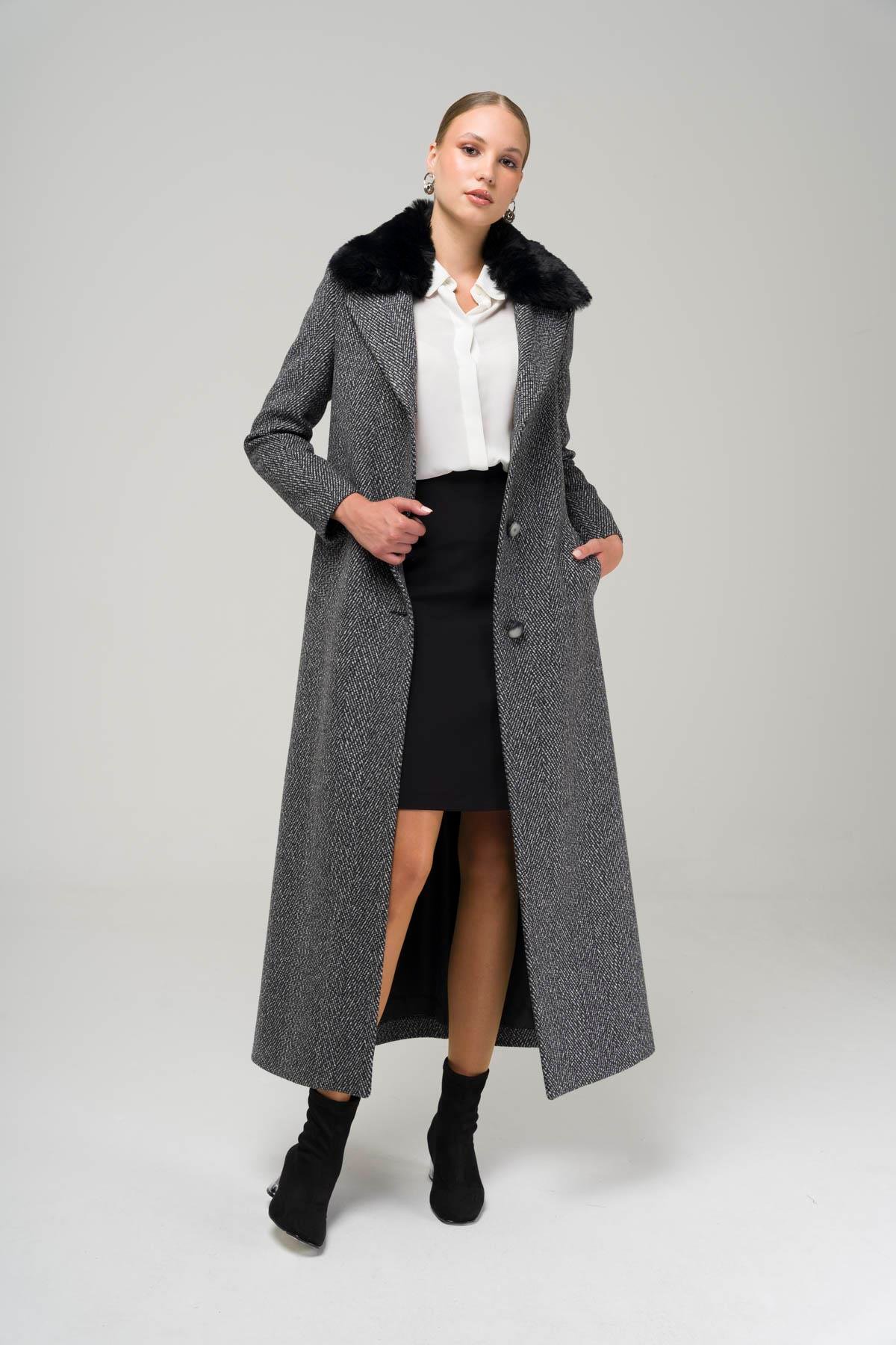 معطف فروي بنقشة متعرجة مع طوق قابل للإزالة أسود 3789-Y