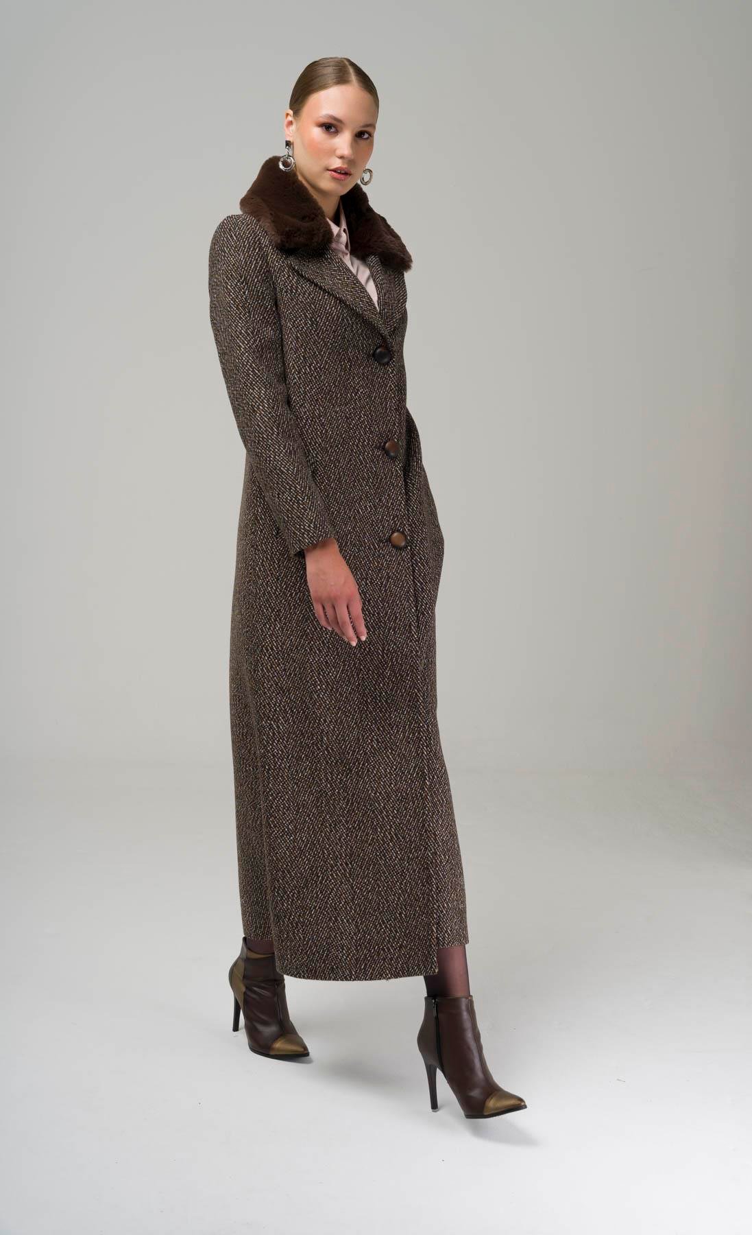 Furry Herringbone Patterned Coat with Removable Collar COFFEE 3789-Y