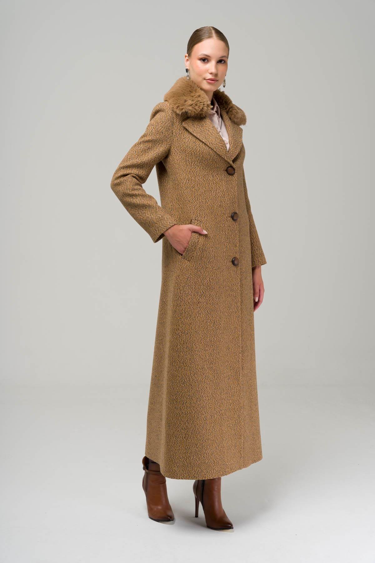 Furry Herringbone Patterned Coat with Removable Collar CAMEL 3789-Y