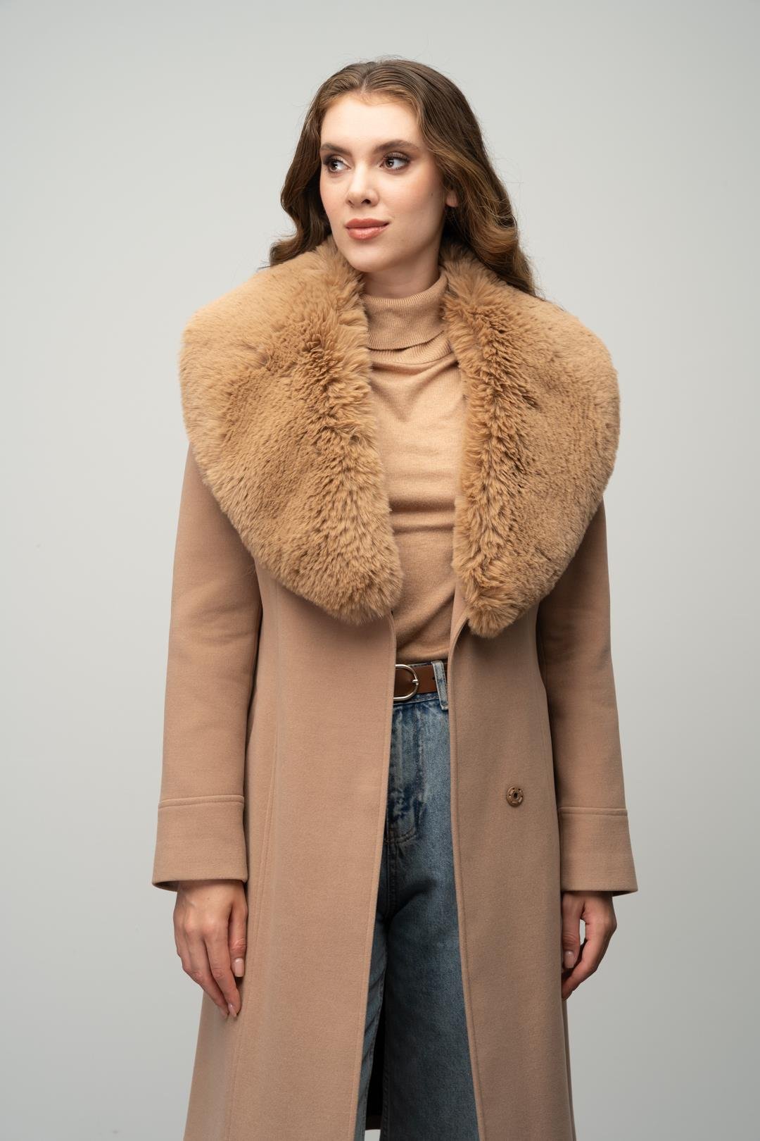 Furry Coat with Removable Collar, Snap Closure and Waist Belt CAMEL 3016