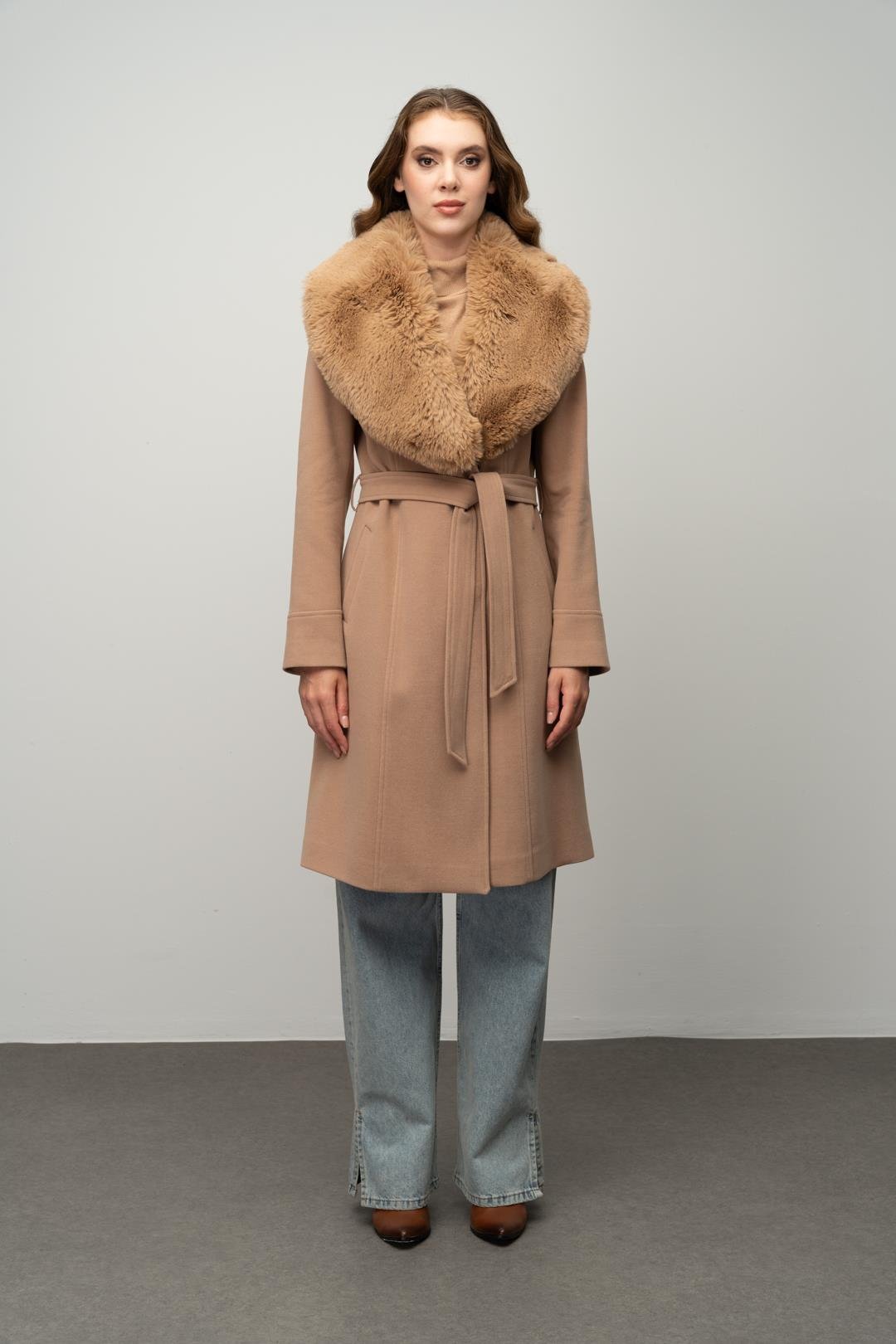 Furry Coat with Removable Collar, Snap Closure and Waist Belt CAMEL 3016