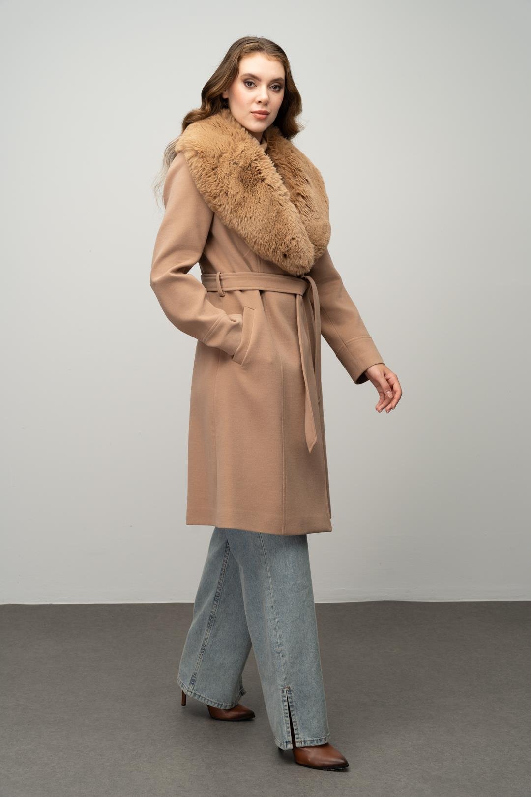 Furry Coat with Removable Collar, Snap Closure and Waist Belt CAMEL 3016