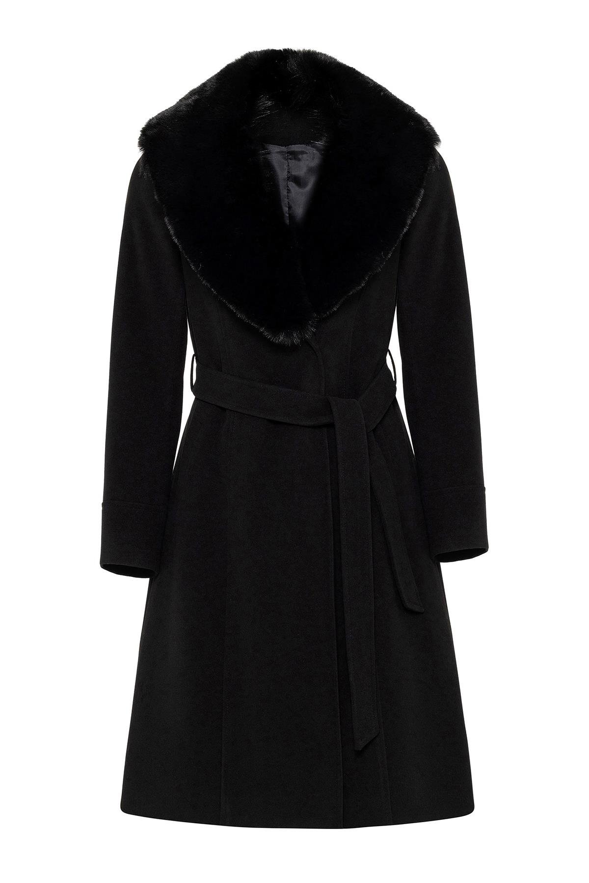 Yakası Çıkabilen Kürklü Çıt Çıt Kapamalı Belden Kuşaklı Kaban SİYAH 3016