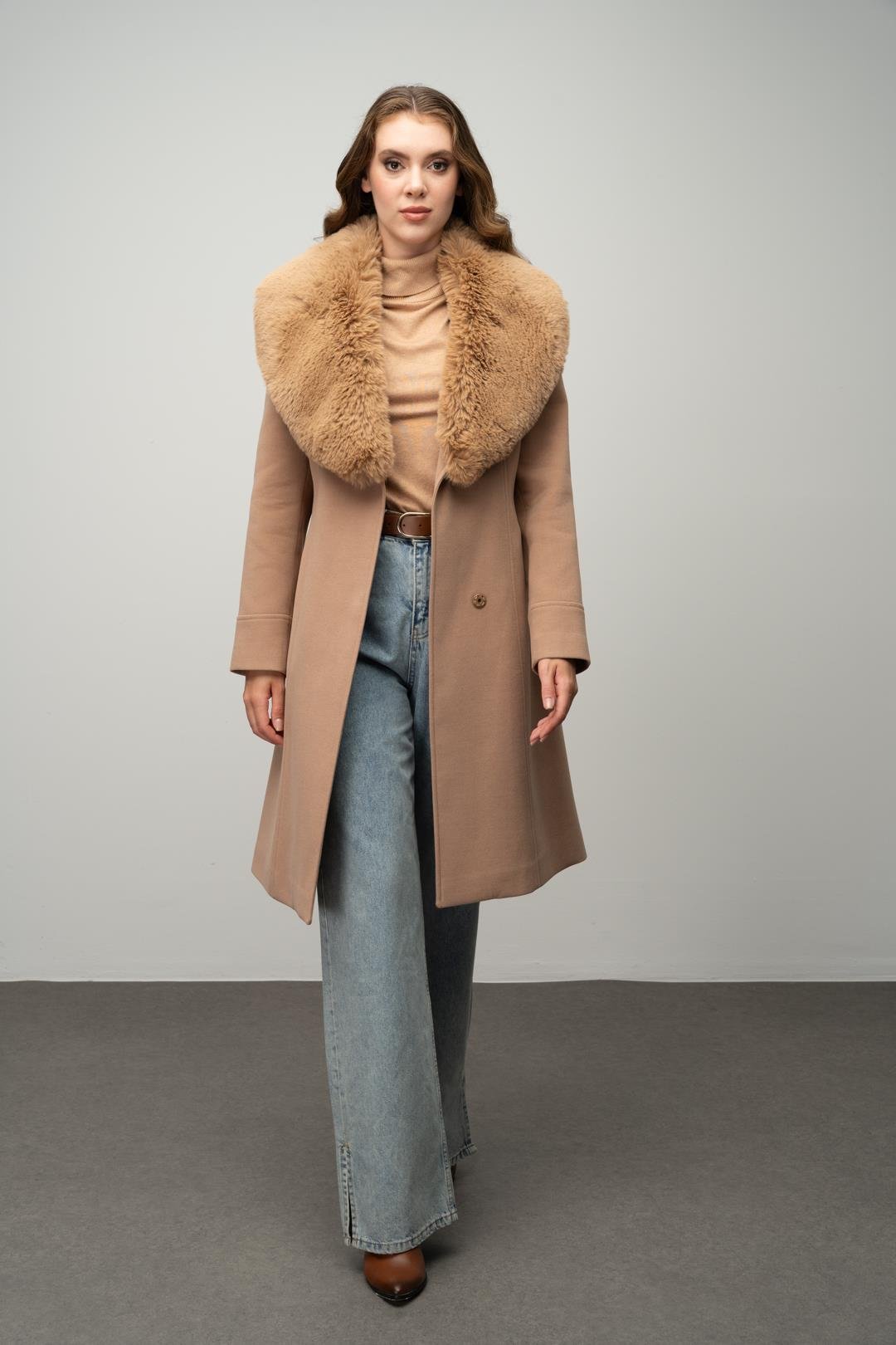 Furry Coat with Removable Collar, Snap Closure and Waist Belt CAMEL 3016