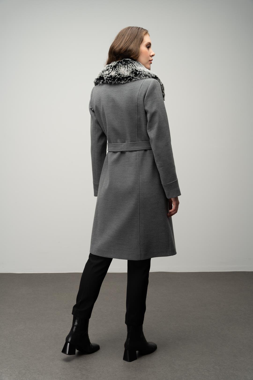 Yakası Çıkabilen Kürklü Çıt Çıt Kapamalı Belden Kuşaklı Kaban GRİ 3016