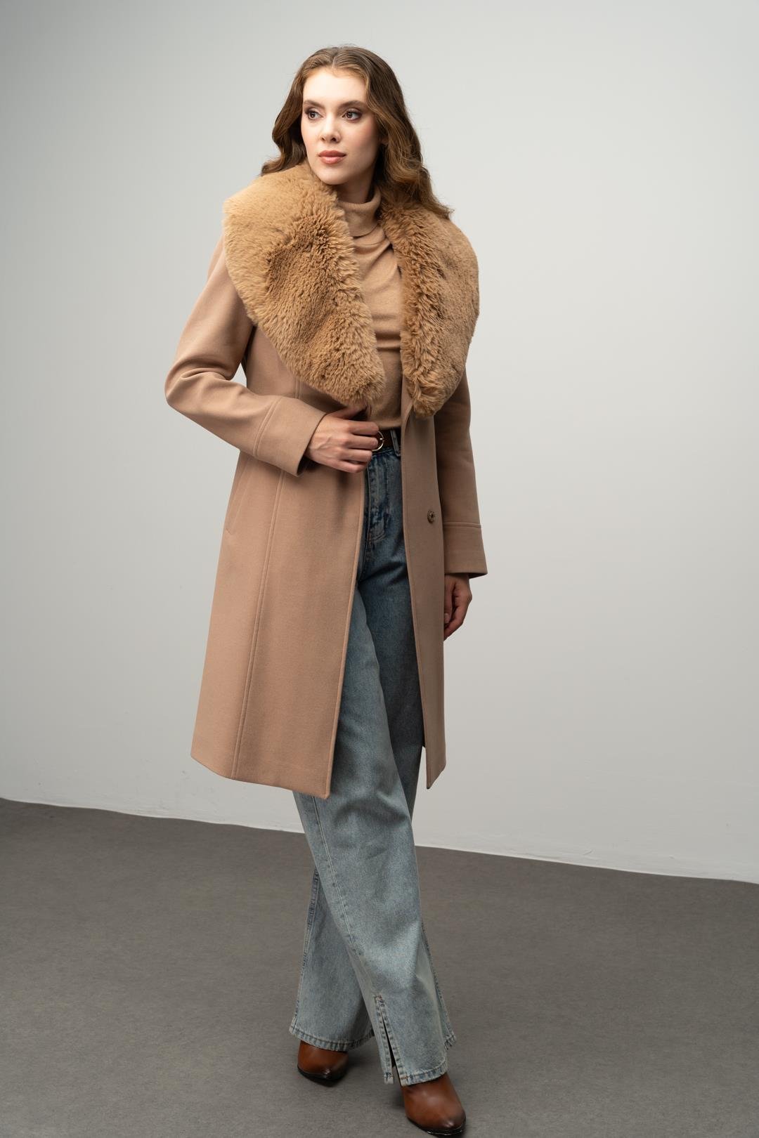 Furry Coat with Removable Collar, Snap Closure and Waist Belt CAMEL 3016
