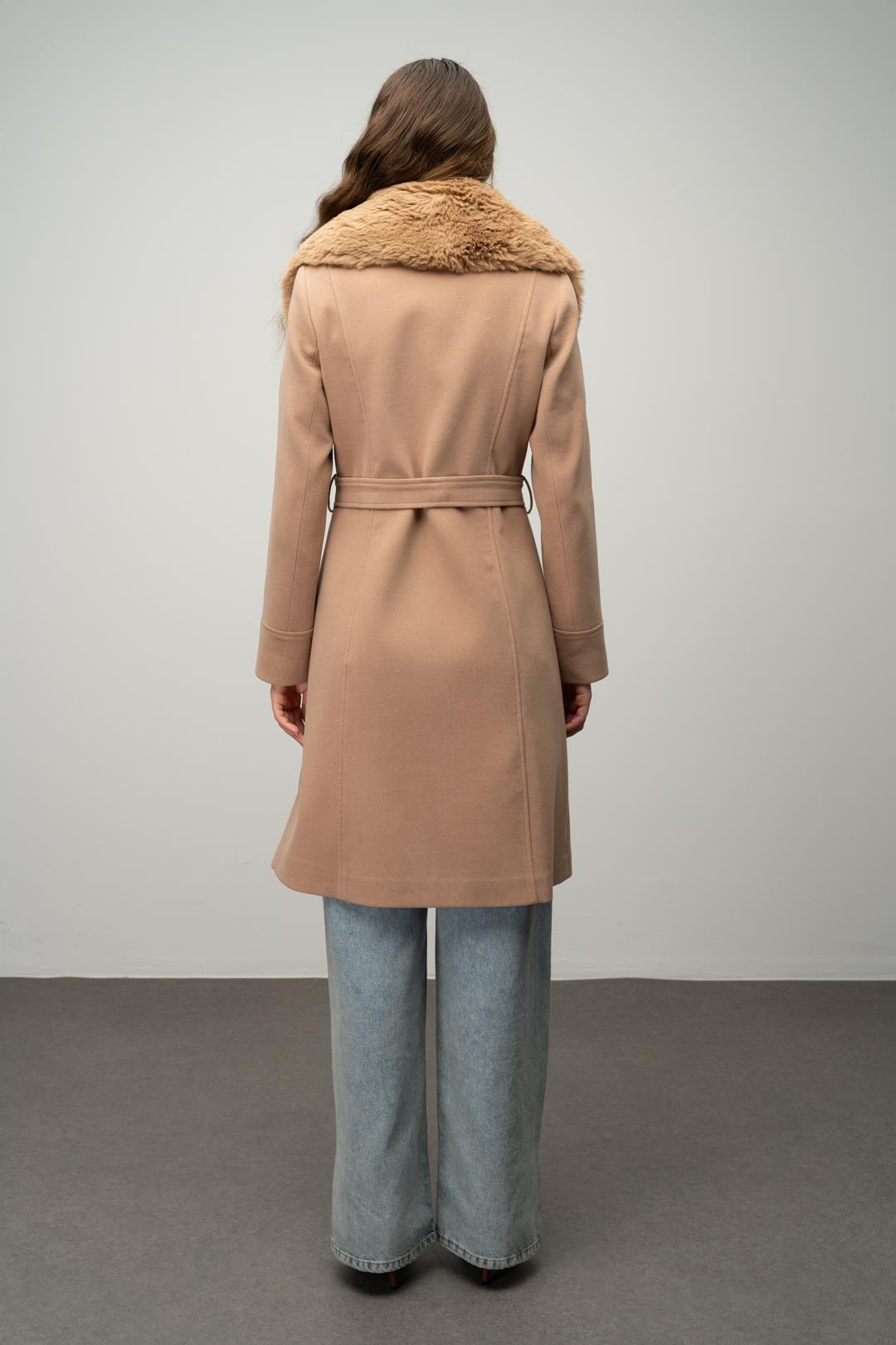 Furry Coat with Removable Collar, Snap Closure and Waist Belt CAMEL 3016