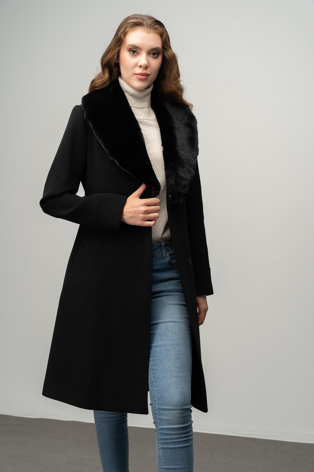 Yakası Çıkabilen Kürklü Çıt Çıt Kapamalı Belden Kuşaklı Kaban SİYAH 3016