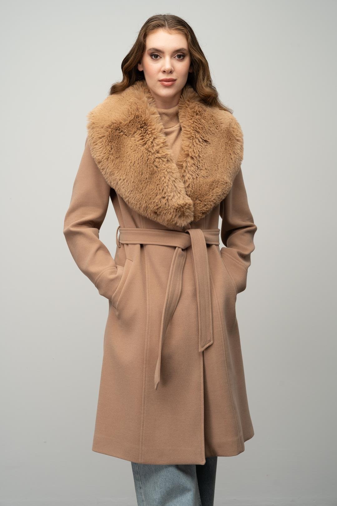 Furry Coat with Removable Collar, Snap Closure and Waist Belt CAMEL 3016