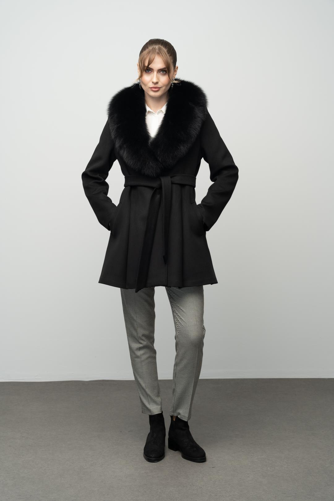 Flared Cashmere Coat with Removable Fur Collar BLACK 3008-TK