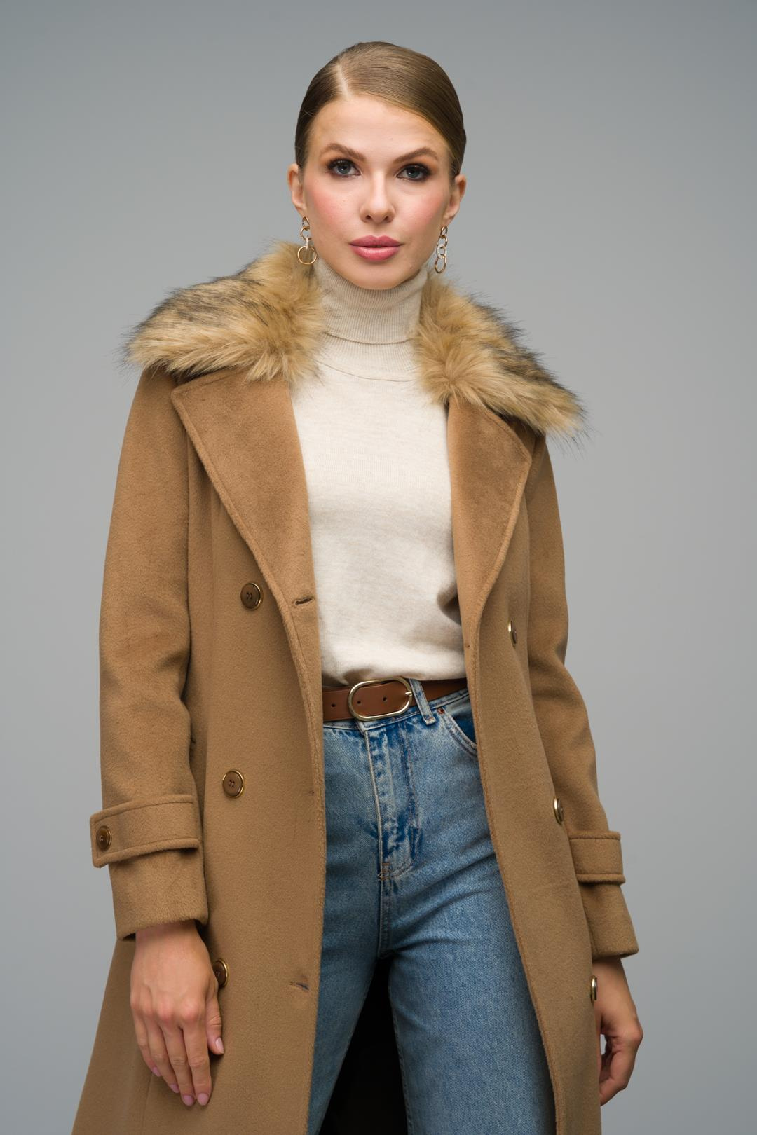 Yakası Çıkabilen Kürklü Kruvaze Manto K. KAMEL 3991