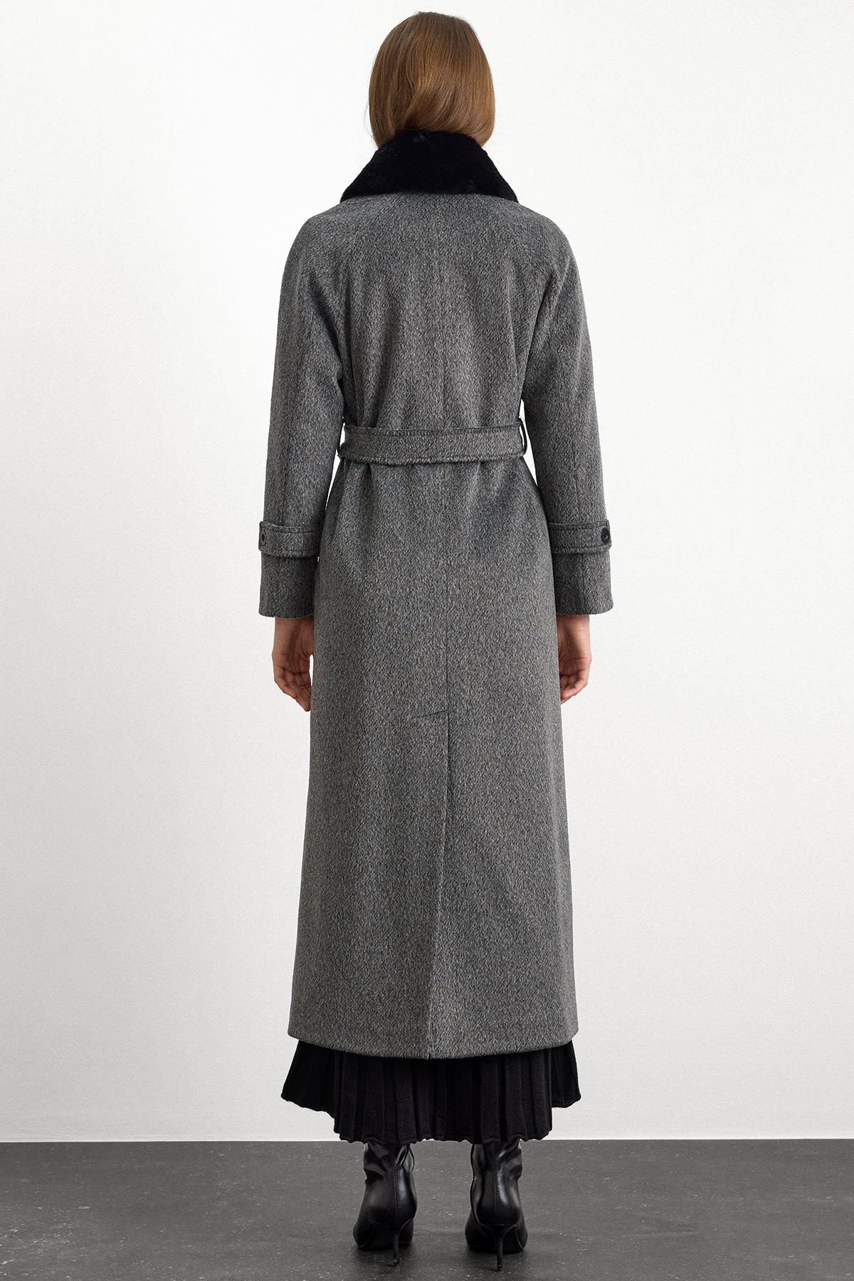 معطف طويل من الموهير مع طوق فرو قابل للإزالة أنثراسايت 3151