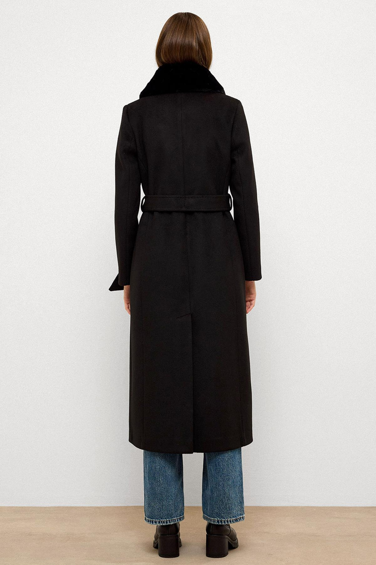 Yakası Çıkabilen Kürklü Punto Dikiş Detaylı Premium Uzun Kaban SİYAH 3092