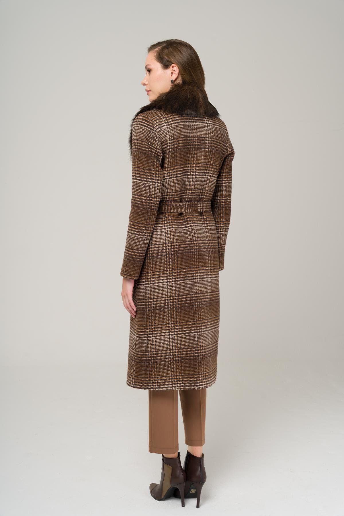 Yakası Çıkabilir Kürklü Belden Bağlamalı Ara Boy Ekose Kaban KAHVE 3978