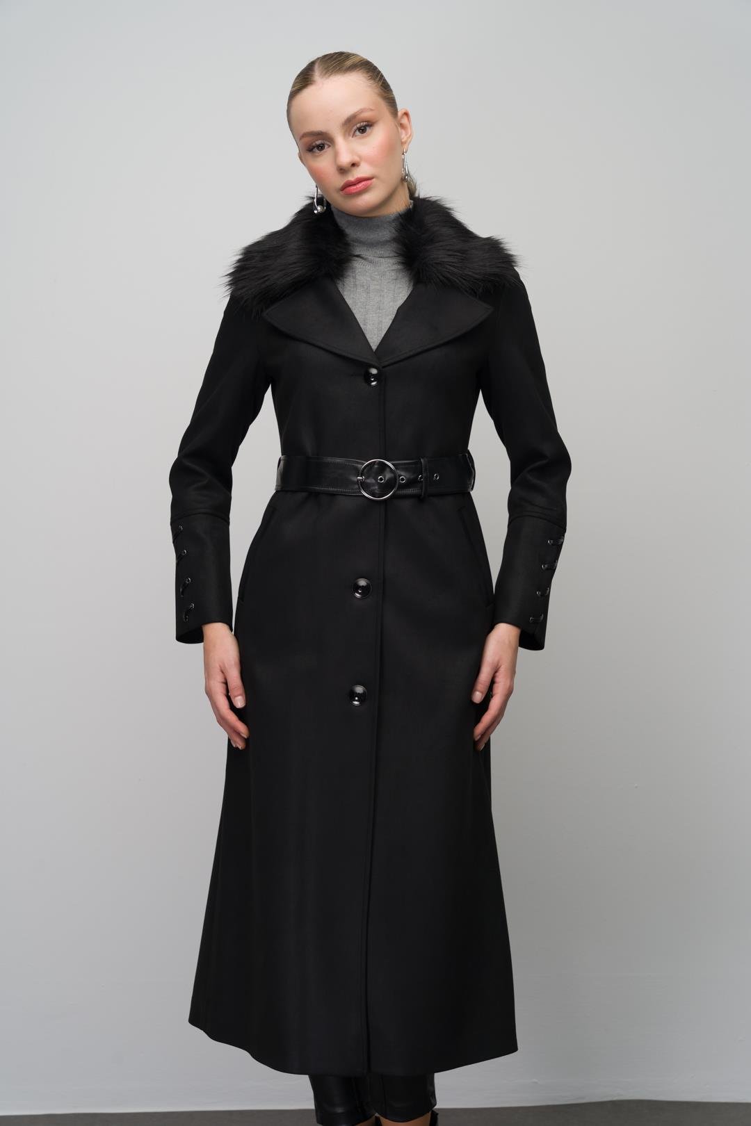 Gabardine Suede-Look Cape with Detachable Fur-Lined Leather Belt and Barette Detail BLACK 6645