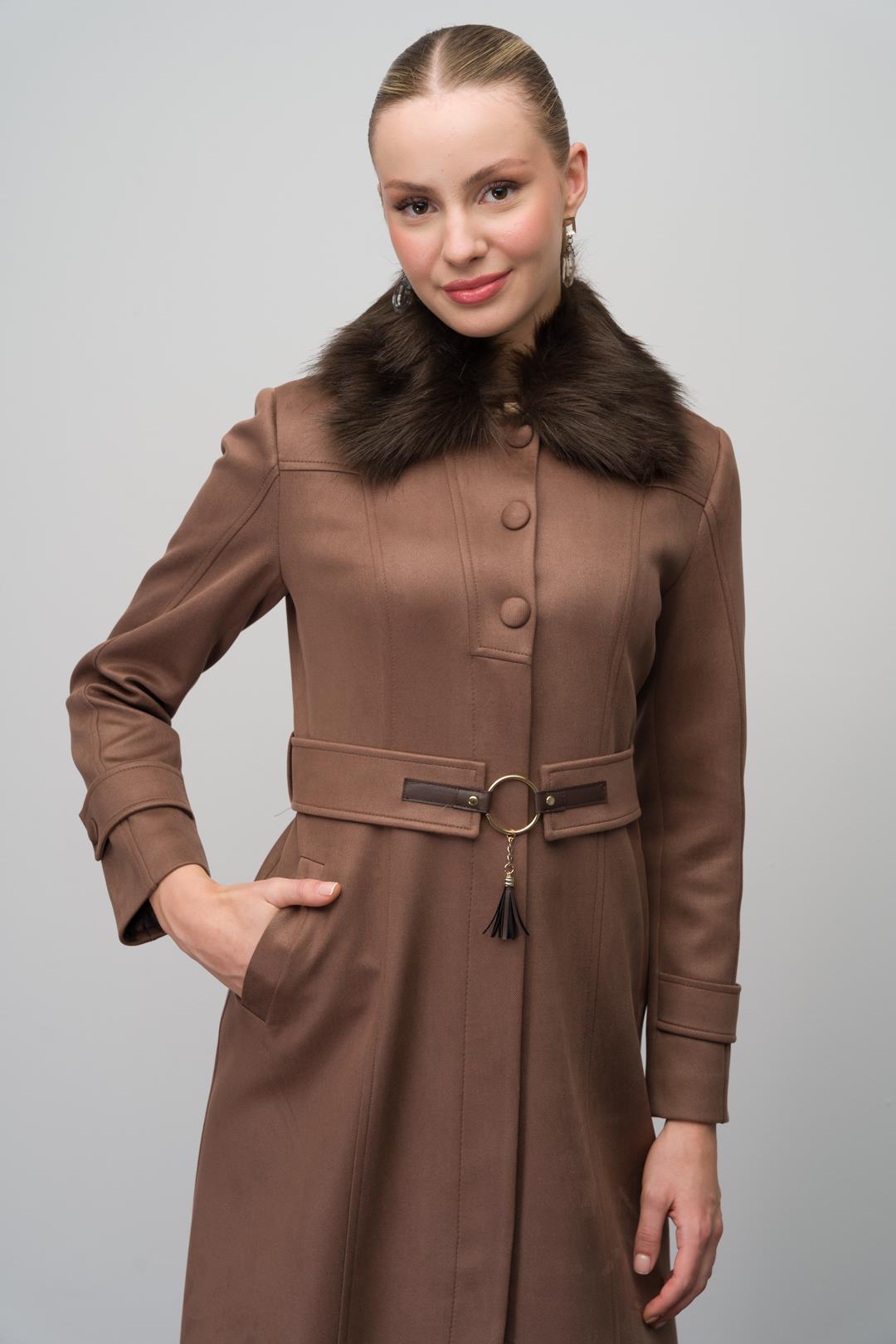 Yakası Çıkabilir Kürklü Kemer Aksesuarlı Gabardin Süet Görünümlü Pardesü A.KAHVE 6639