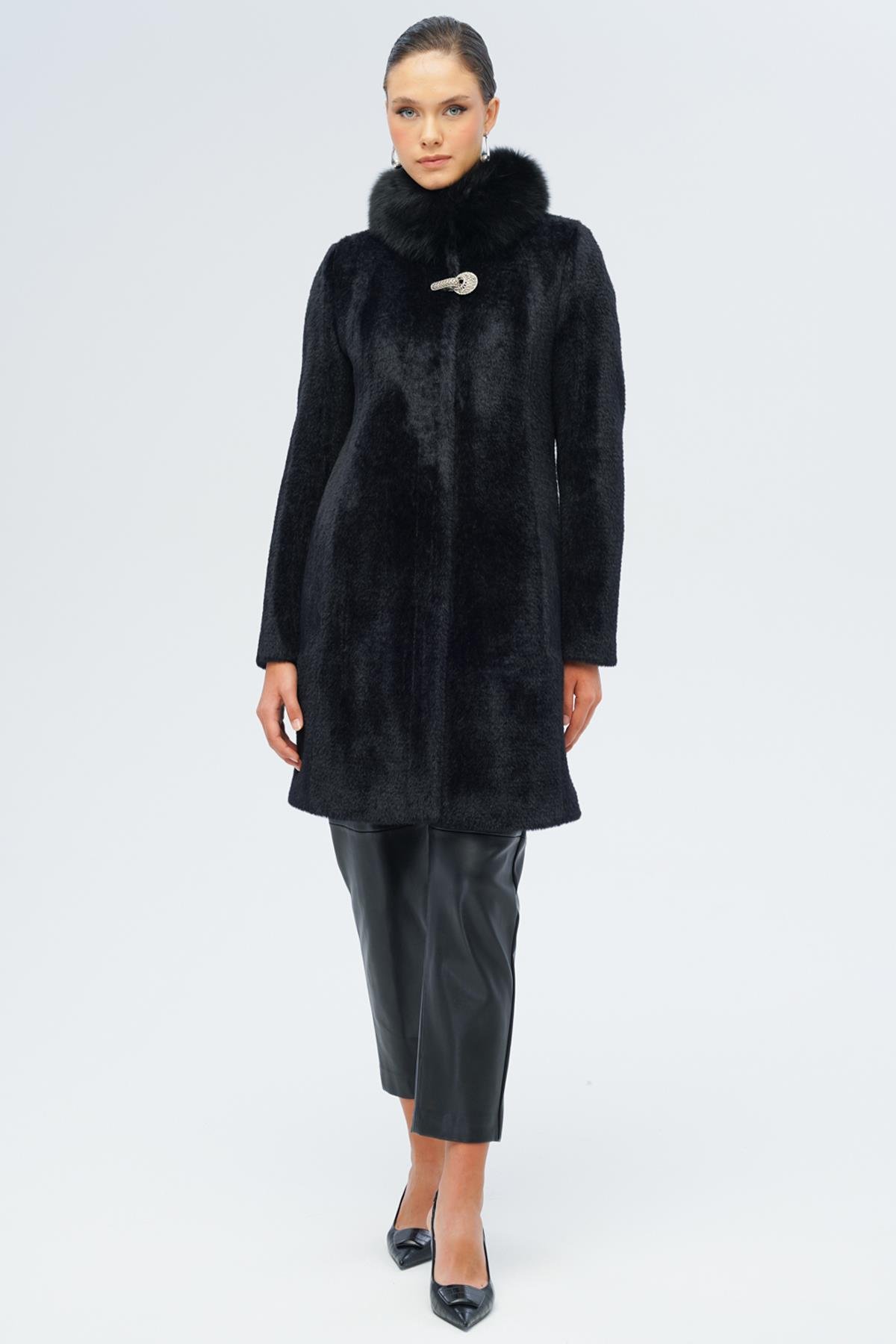 Yakası Çıkabilir Kürklü Özel Çıt Çıt Detaylı Premium Peluş Kaban SİYAH 3121-TK