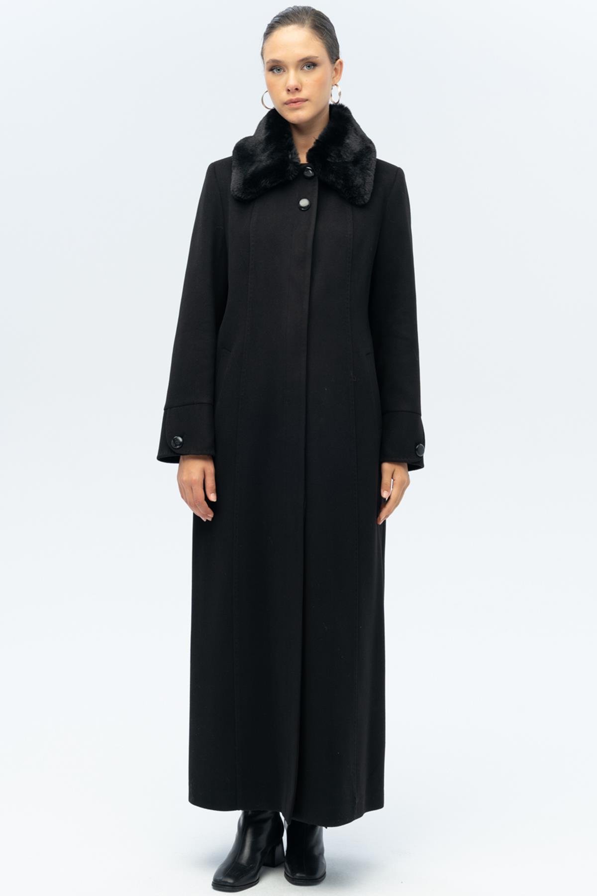 Large Size Coat with Detachable Fur Collar and Point Detail BLACK 3143
