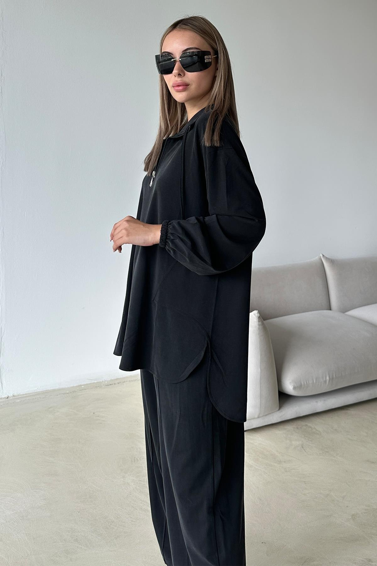 Yakası Fermuar Detaylı Premium Örme Kumaş Tunik Pantolon Takım SİYAH 9375-TK