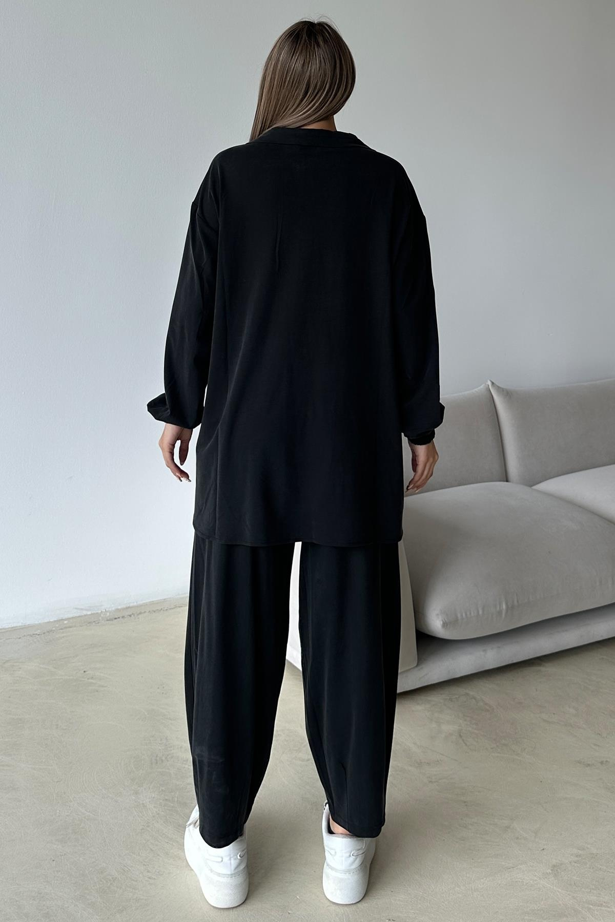 Yakası Fermuar Detaylı Premium Örme Kumaş Tunik Pantolon Takım SİYAH 9375-TK