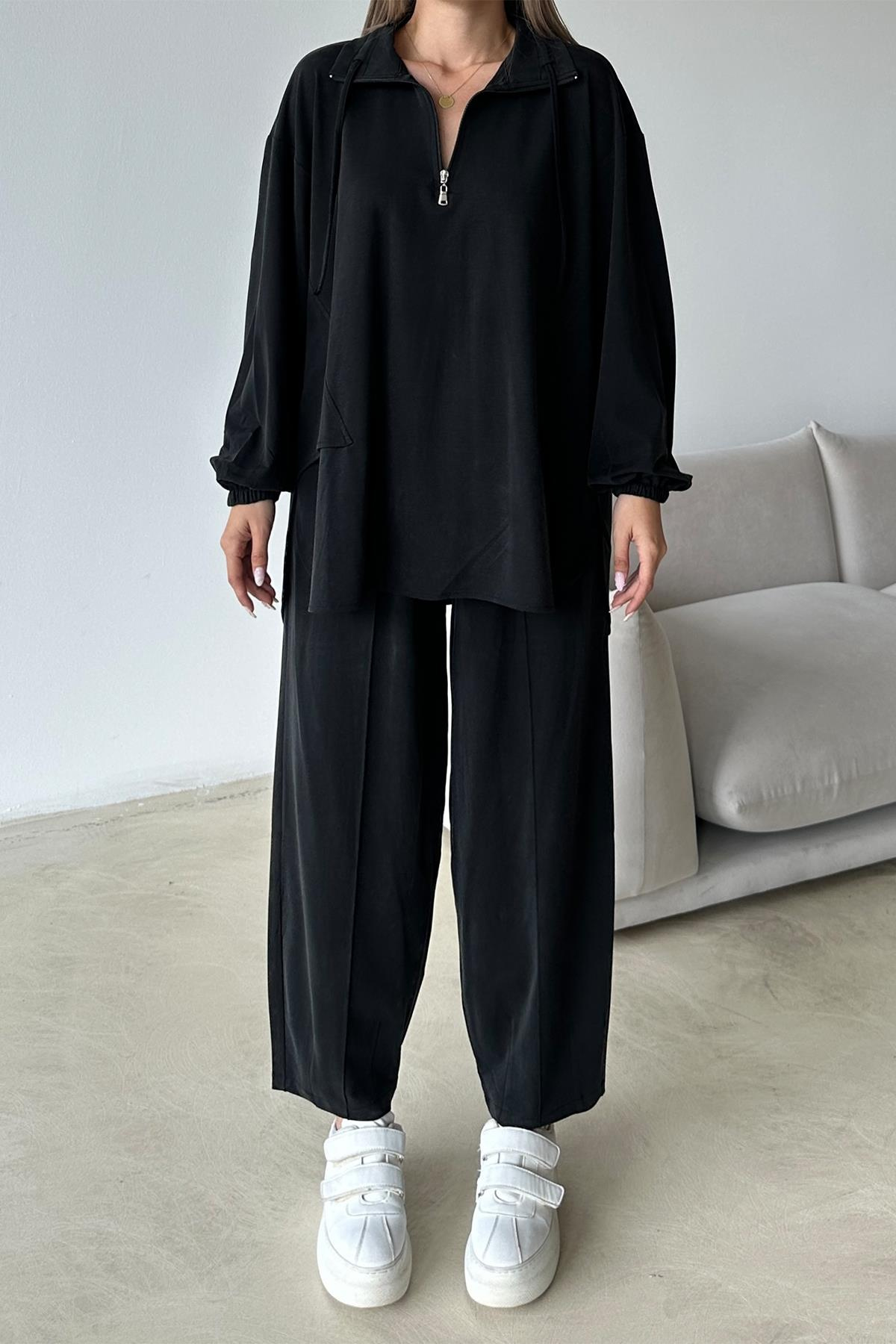Yakası Fermuar Detaylı Premium Örme Kumaş Tunik Pantolon Takım SİYAH 9375-TK