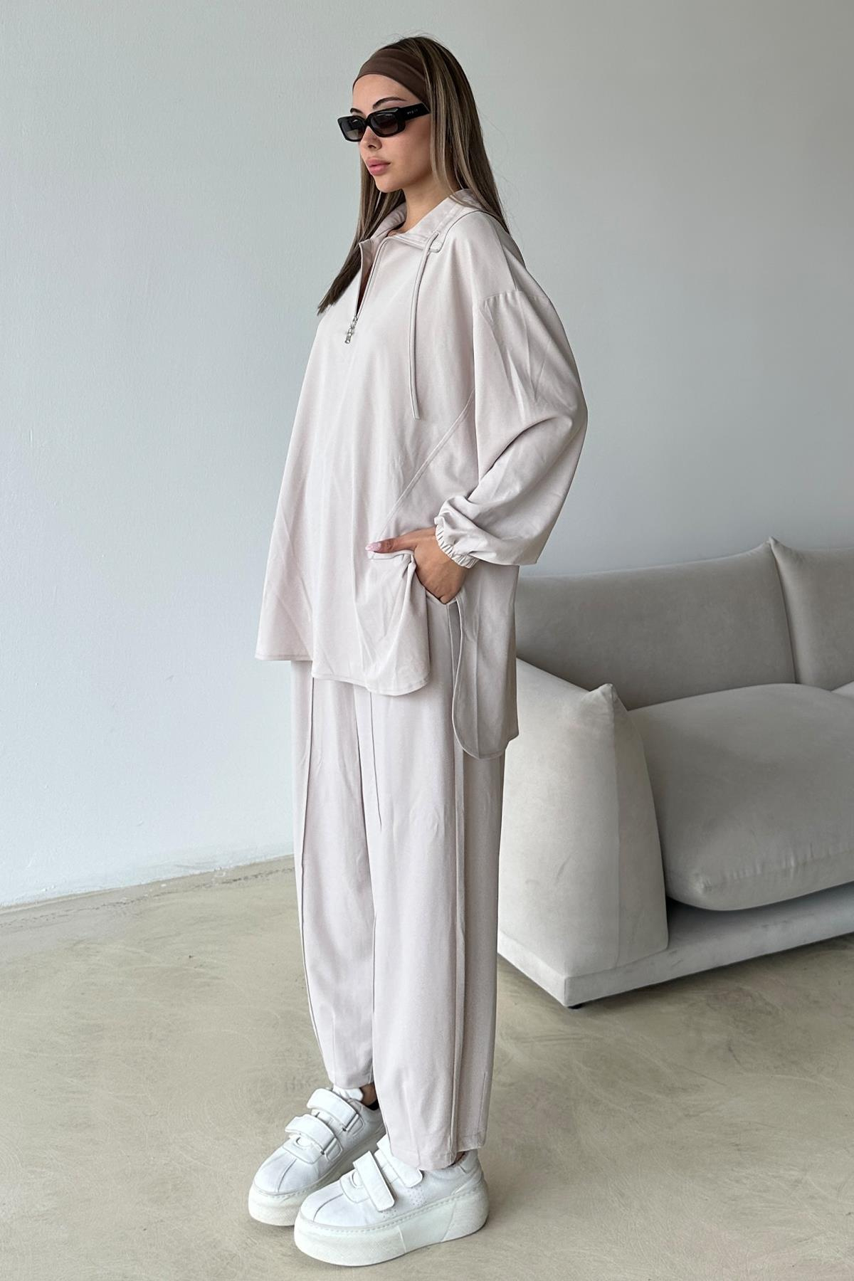 Yakası Fermuar Detaylı Premium Örme Kumaş Tunik Pantolon Takım TAŞ 9375-TK