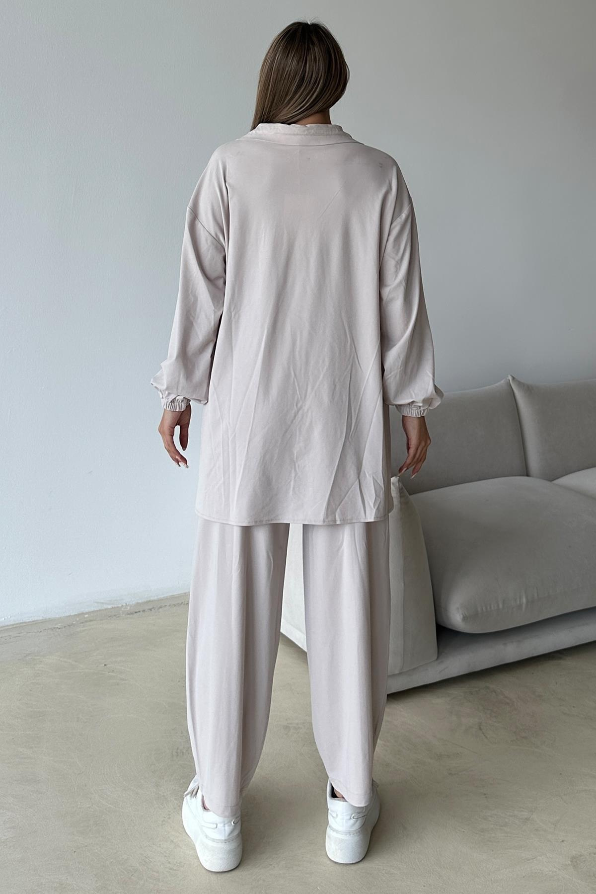 Yakası Fermuar Detaylı Premium Örme Kumaş Tunik Pantolon Takım TAŞ 9375-TK