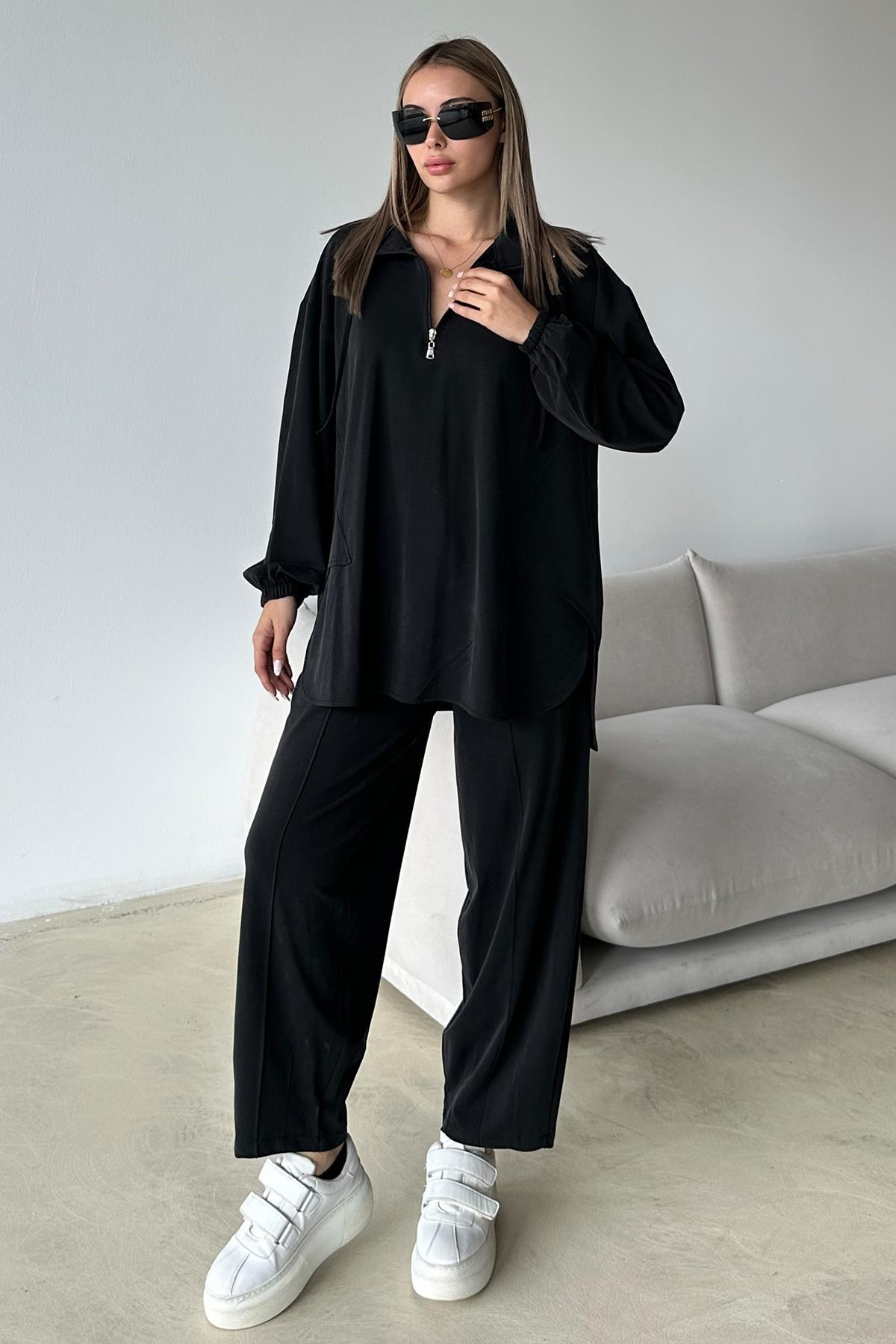 Yakası Fermuar Detaylı Premium Örme Kumaş Tunik Pantolon Takım SİYAH 9375-TK