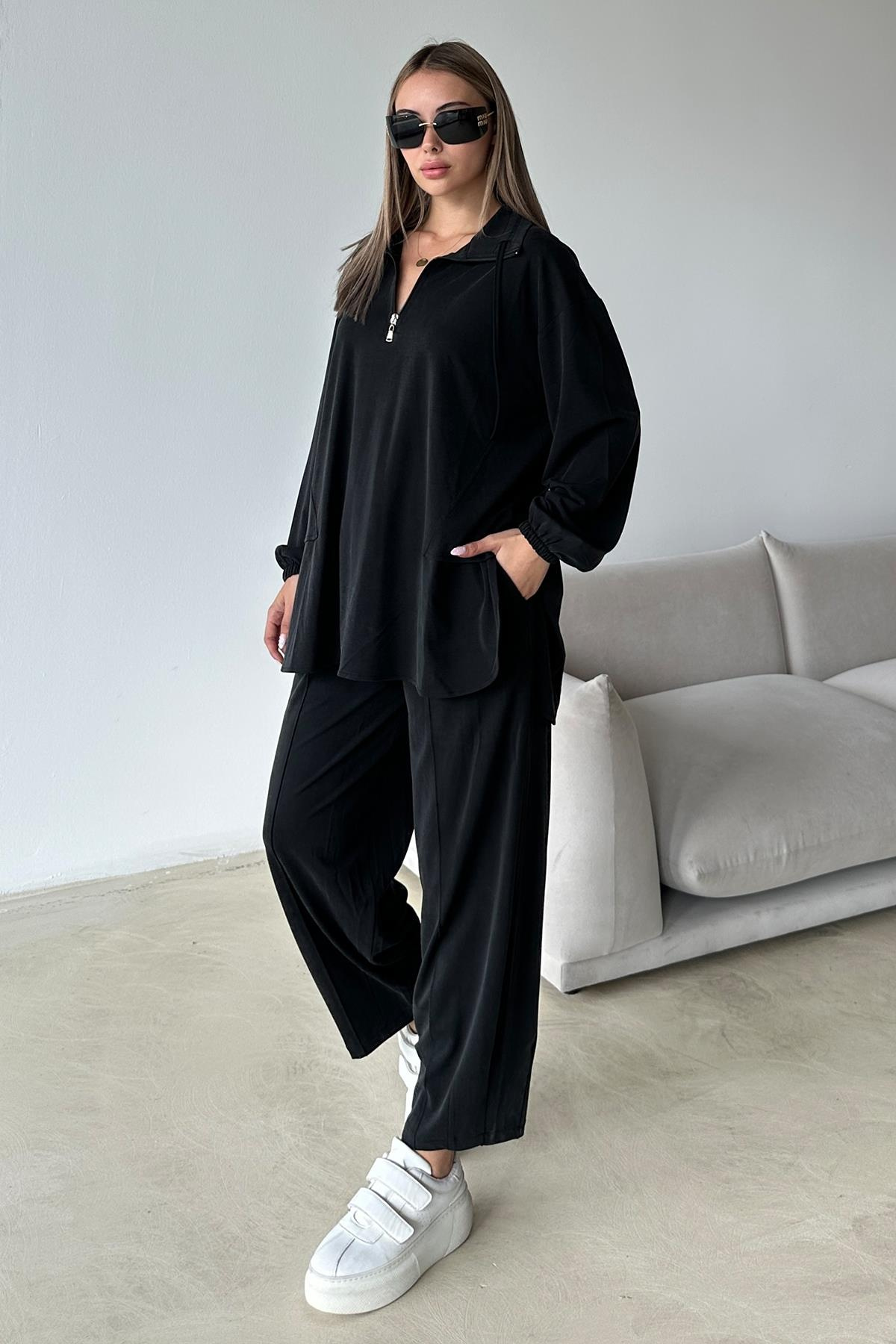 Yakası Fermuar Detaylı Premium Örme Kumaş Tunik Pantolon Takım SİYAH 9375-TK