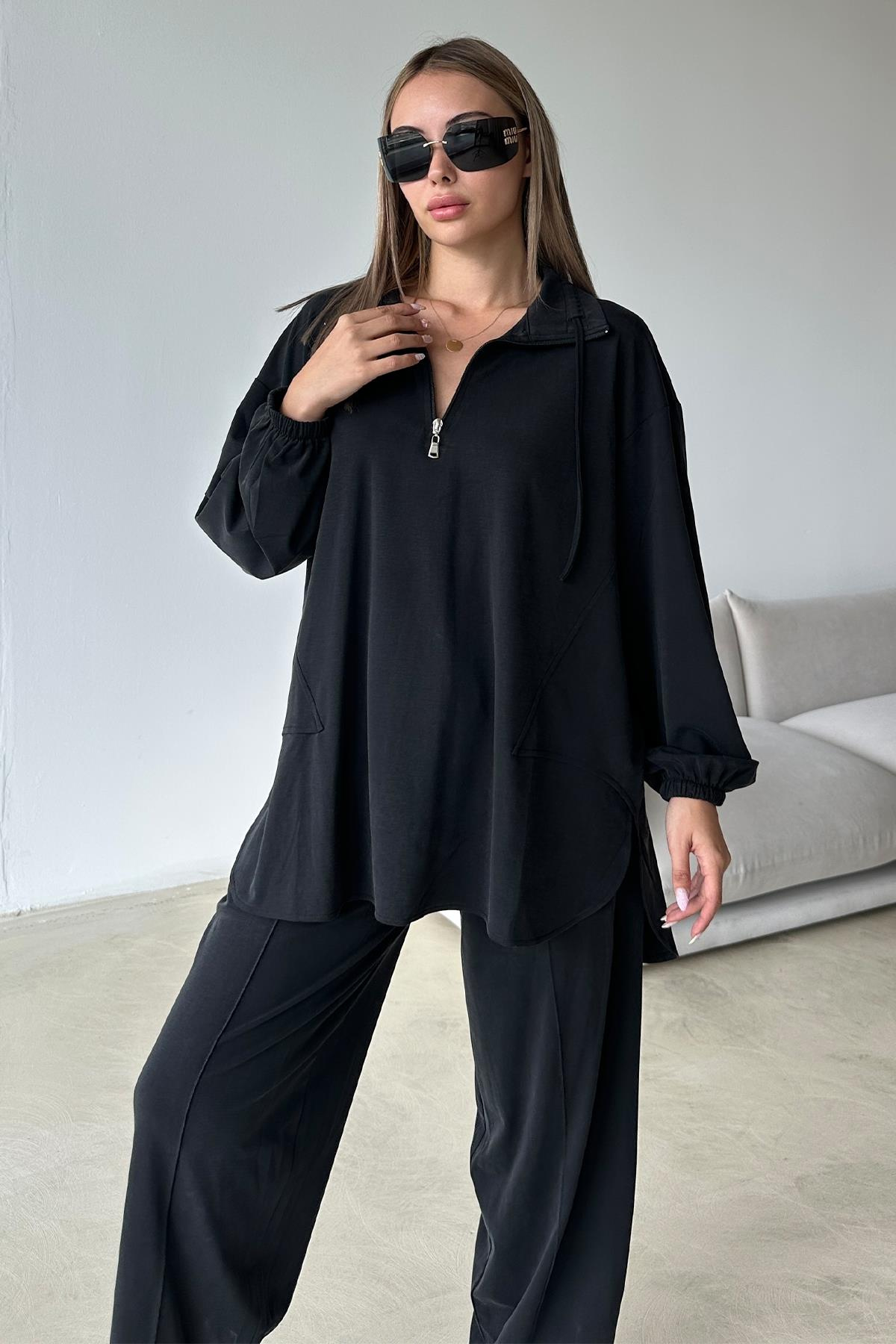 Yakası Fermuar Detaylı Premium Örme Kumaş Tunik Pantolon Takım SİYAH 9375-TK