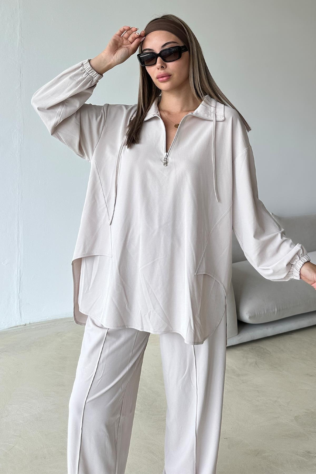 Yakası Fermuar Detaylı Premium Örme Kumaş Tunik Pantolon Takım TAŞ 9375-TK