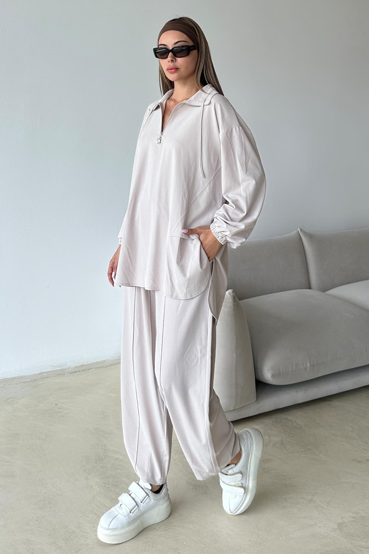 Yakası Fermuar Detaylı Premium Örme Kumaş Tunik Pantolon Takım TAŞ 9375-TK