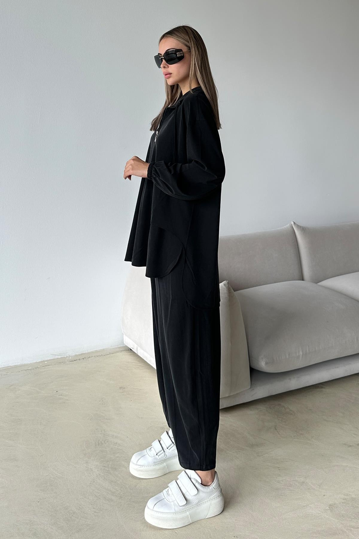 Yakası Fermuar Detaylı Premium Örme Kumaş Tunik Pantolon Takım SİYAH 9375-TK