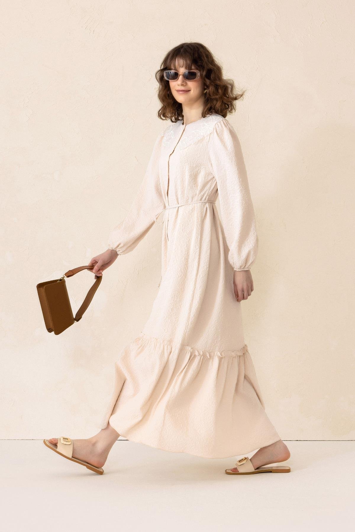 Jacquard Long Dress with Scallop Detail on the Collar IVORY 9298-E